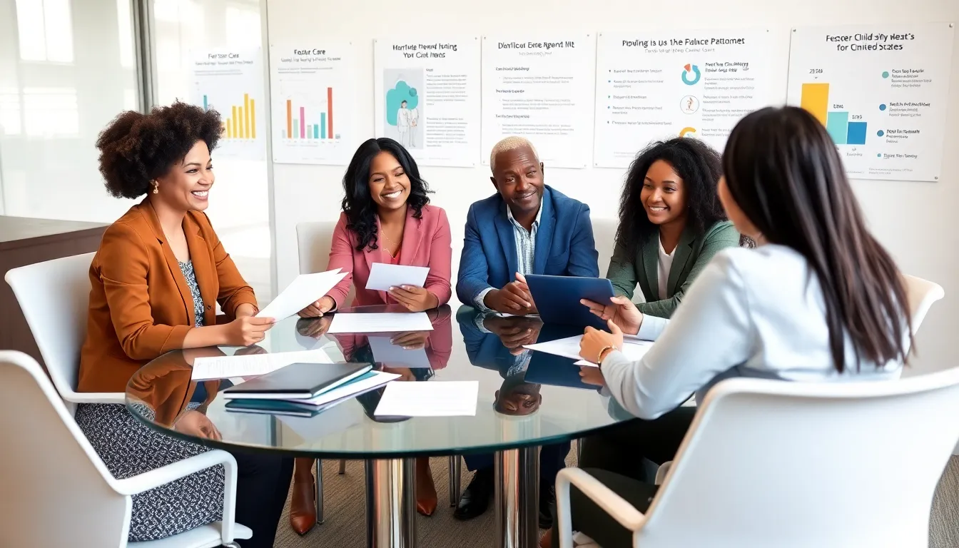 professionals discussing foster care in a modern office setting.