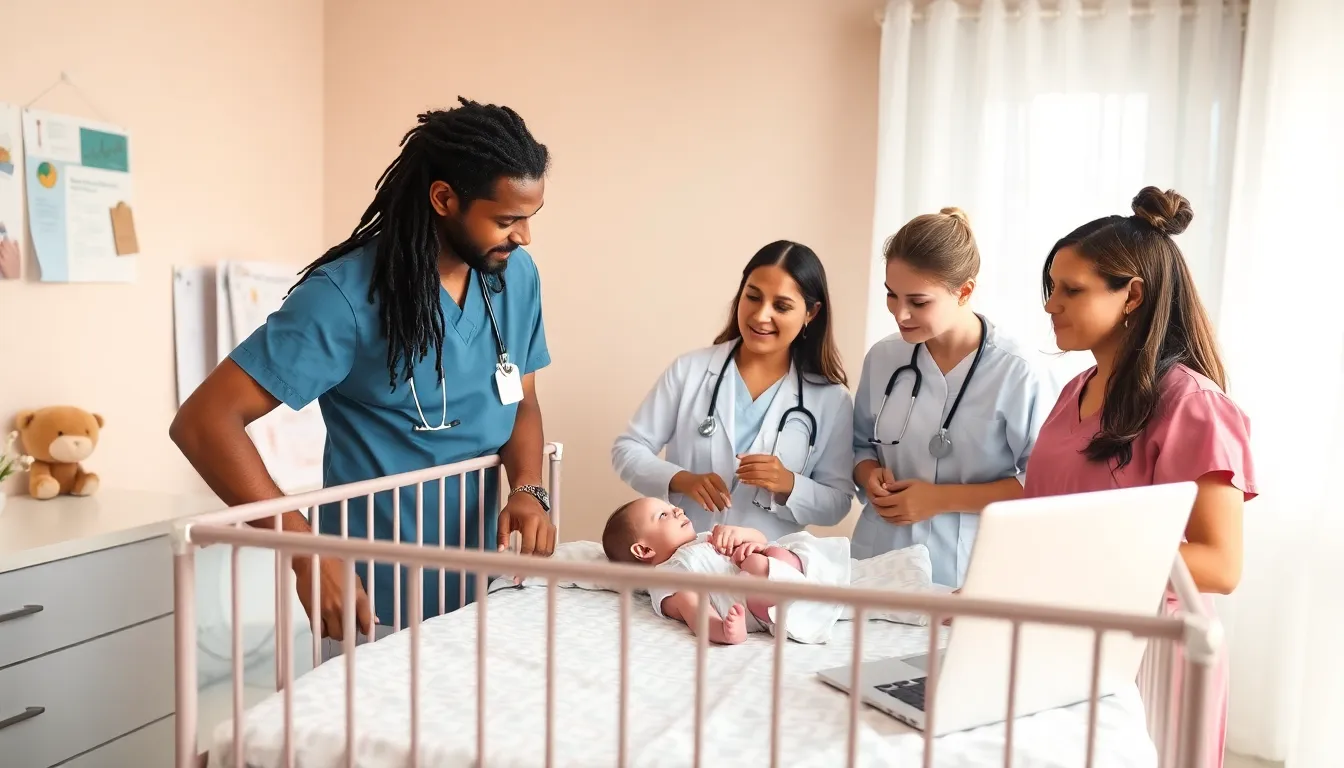 healthcare team caring for a baby in a hospital room.