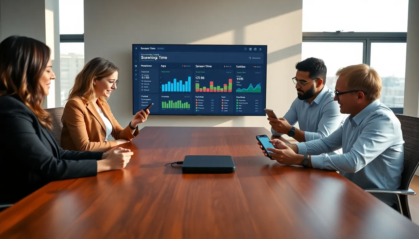 professionals discussing screen time management in a modern office.