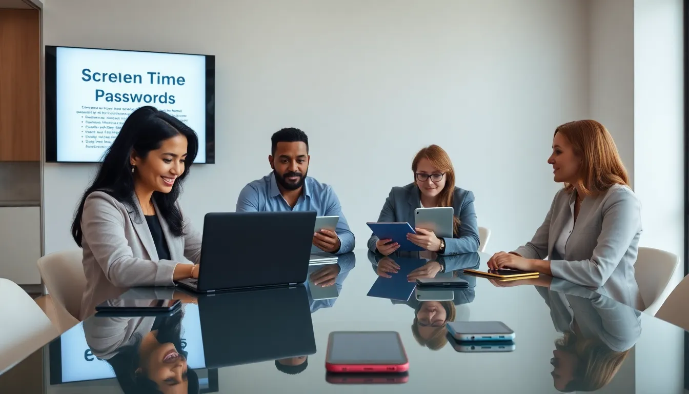 professionals discussing screen time password strategies in a modern office.