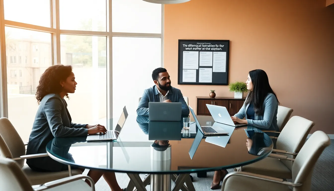 diverse team discussing foster care in a modern office.
