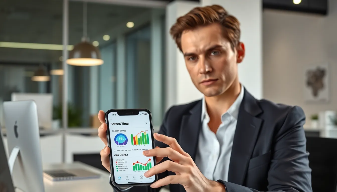 Person reviewing Screen Time settings on an iPhone in a modern workspace.