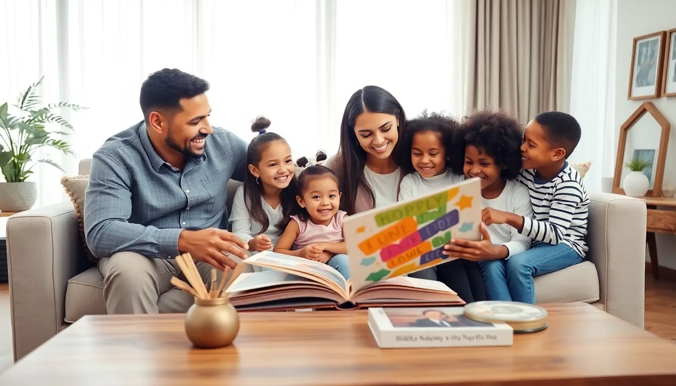 diverse family discussing adoption in a warm living room.