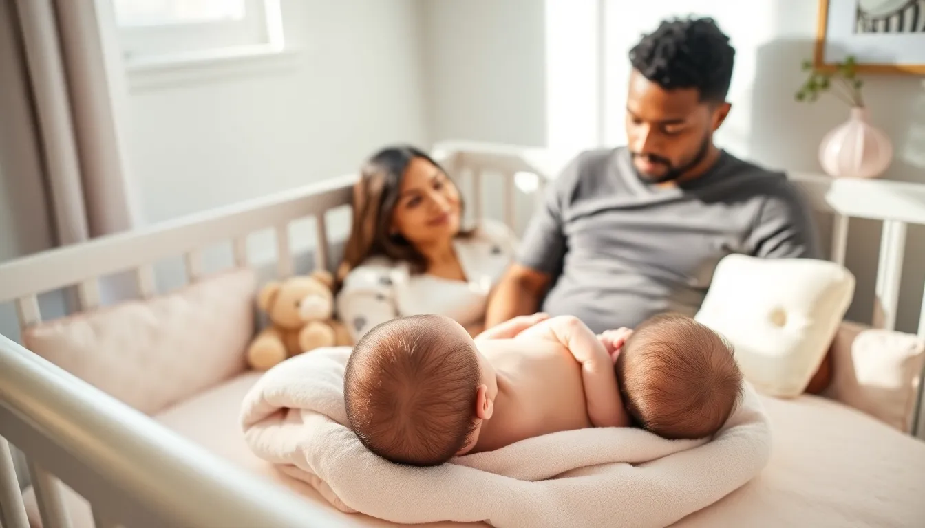 diverse parents admiring their newborn in a cozy nursery.