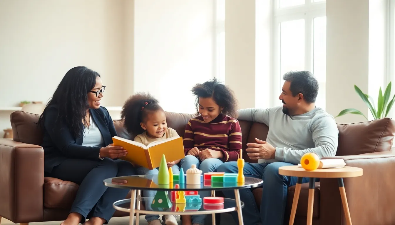 foster parents reading with a child in a cozy living room.