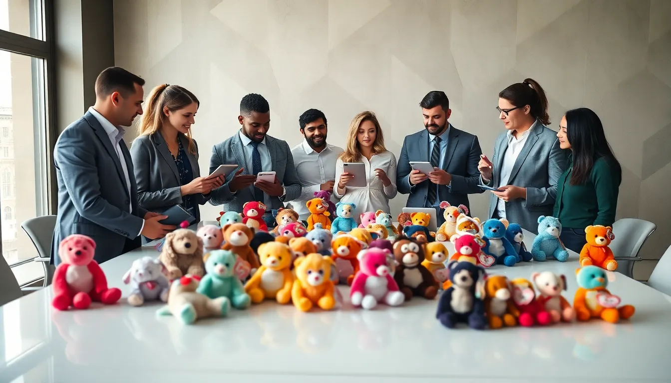 diverse collectors discussing the value of Beanie Babies in an office setting.