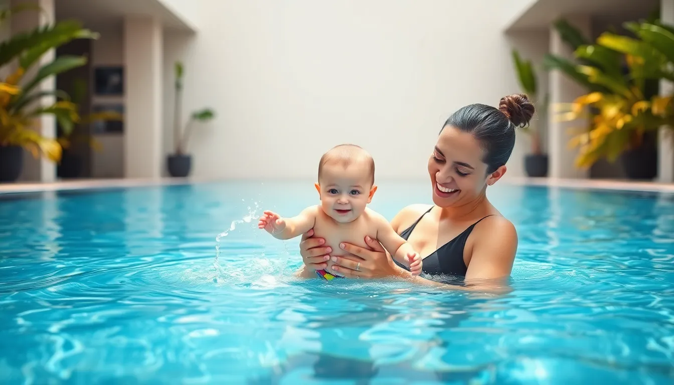 Parent and infant enjoying playtime in a swimming pool.
