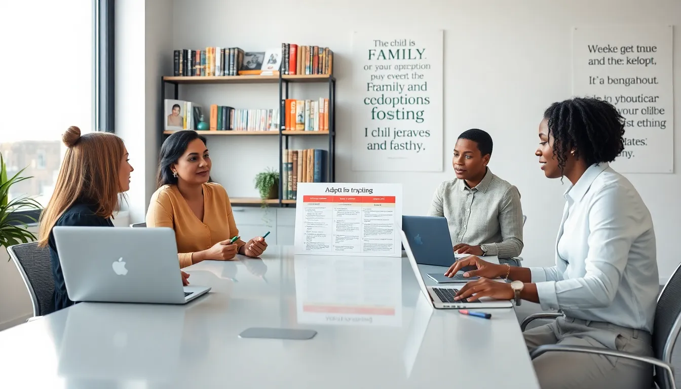 professionals discussing adoption types in a modern office.