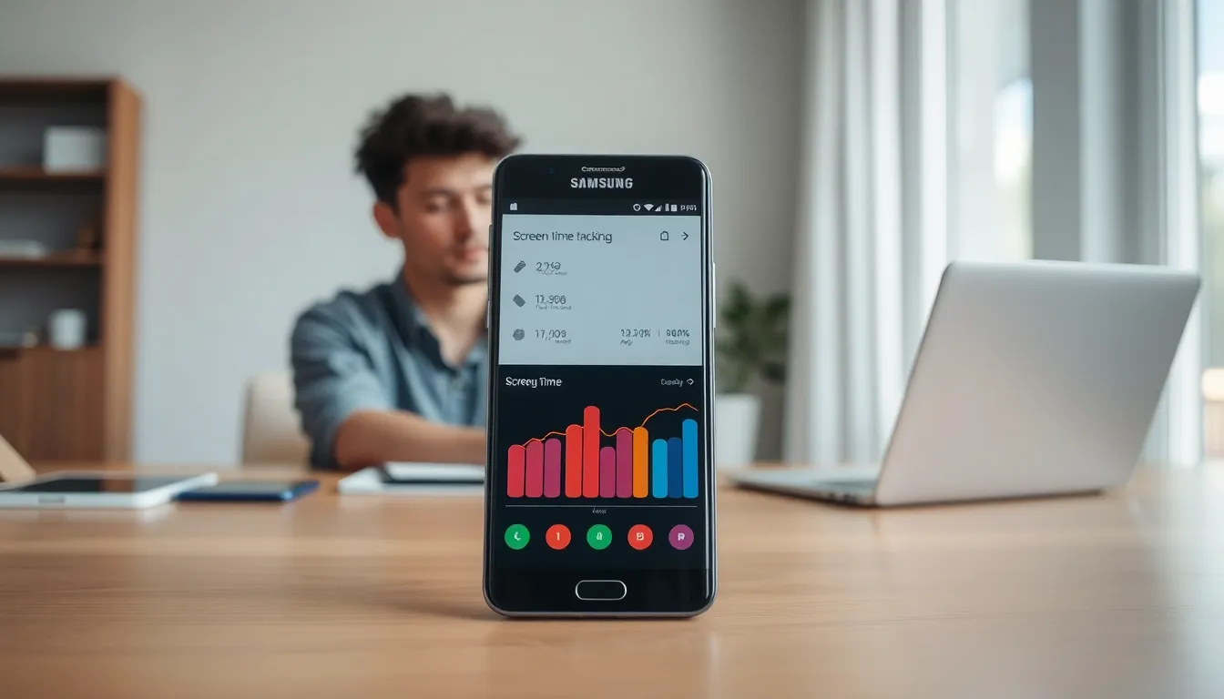 Samsung smartphone showing screen time features on a desk.